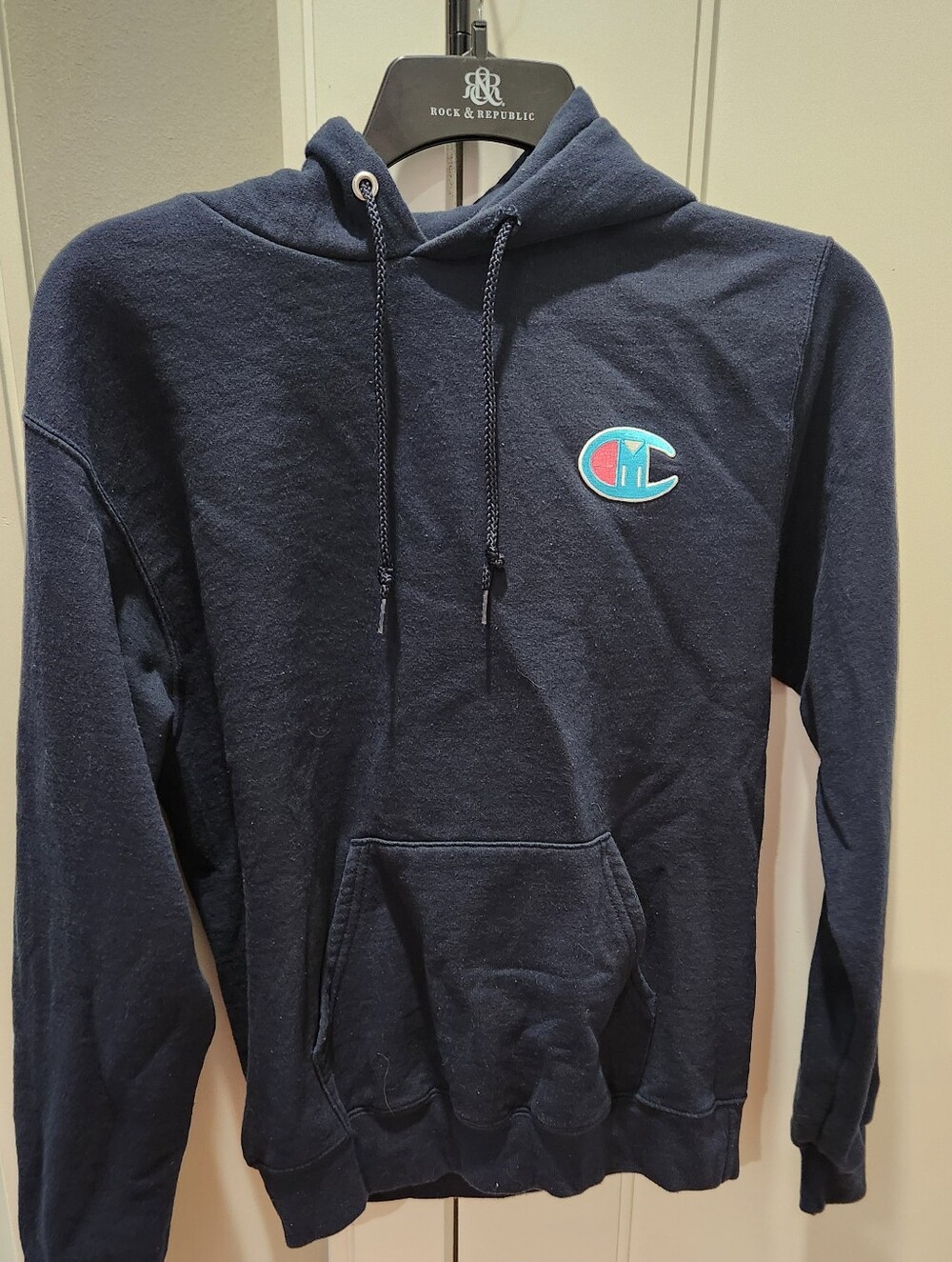 Champion Navy Pullover Hoodie with Turquoise & Pink Logo